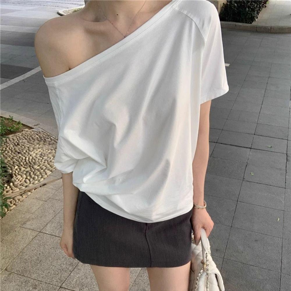 

Футболка с коротким рукавом и косыми плечами, свободные женские футболки, тонкие укороченные топы Y2K для женщин серый