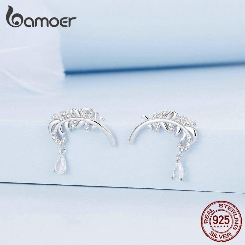 

BAMOER серьги-гвоздики из стерлингового серебра 925 пробы с перьями, серьги-капли с цирконием для женщин, подарок, модные изящные ювелирные изделия 925 silver