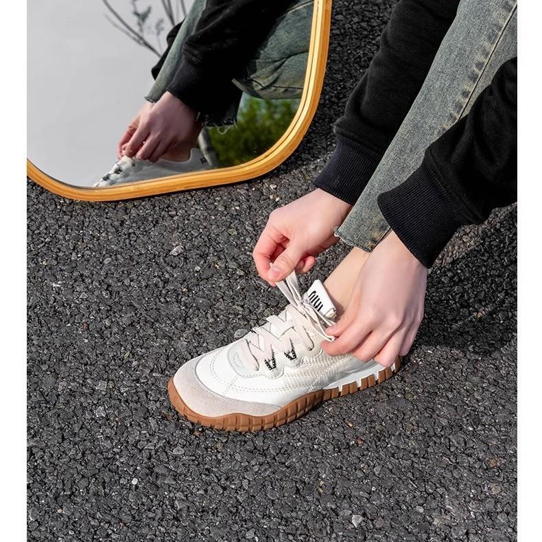 Cowhide version~ miu series new tire sole fashion casual versatile German training shoes round head lace-up Forrest Gump shoes little white shoes
