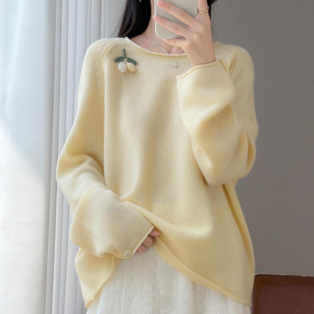 2026 Autumn/Winter Pure Wool Embroidered Loose Knit Pullover