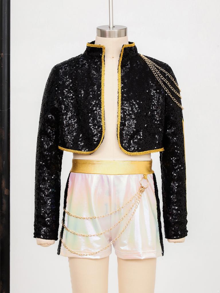 Kids Girls Demon Singer Leader Dancewear 2 Piece Set Sequins Jacket Crop Top with Shorts Concert Outfit