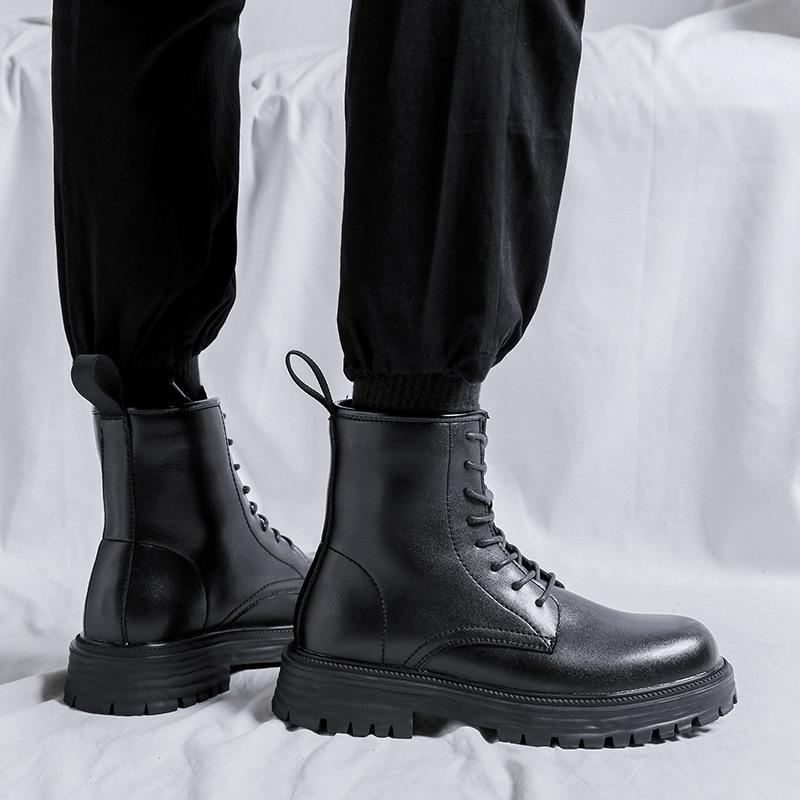 Men Fashion Motorcycle Boots Black Tide Lace-up Platform Shoes Cowboy Genuine Leather Boot Street Cool High Top Botas Masculinas