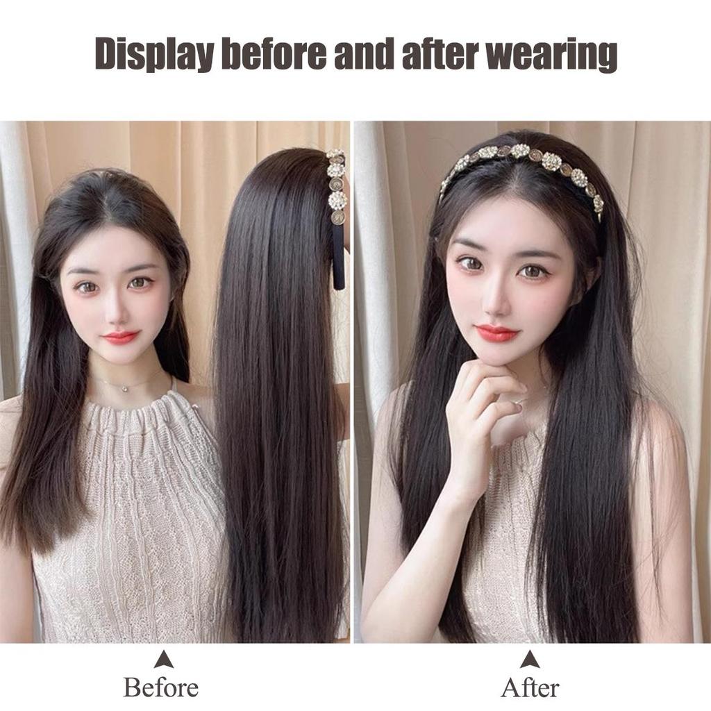Black Brown Synthetic Long Straight Headband Half Wig Clip In Hair Extension Fluffy Natural False Hairpiece With HairBand