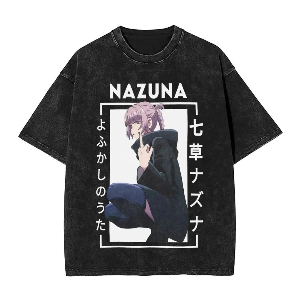 Call of the Night Nazuna Manga Print TShirt Unisex Vintage Washed Harajuku Style Loose Casual Pure Cotton Summer Short Sleeve