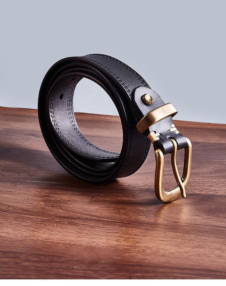 Men's Handmade Retro Leather Belt with Brass Buckle - Genuine Cowhide, Versatile and Trendy for Casual Wear