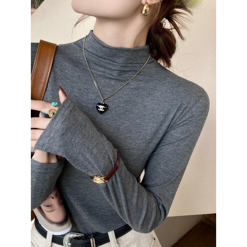 New Gray Slim Half Turtleneck Bottoming Shirt with Autumn and Winter Long-sleeved T-shirt for Women Solid Color Modal Top
