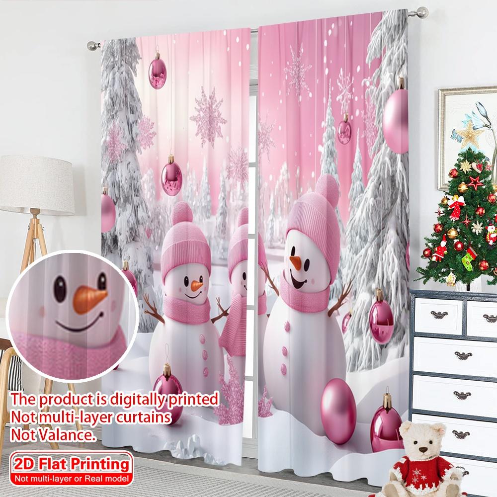 2D flat printing 2pcs Christmas Scene Curtain Pink and White Winter 100% Polyester Without Electricity Festive Wall Decor