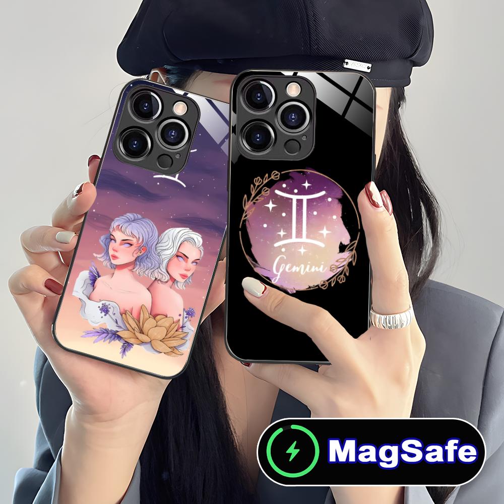 Zodiac Sign Gemini Mobile Phone Case for iPhone 17 16 15 14 13 12 11 Air Pro Max Plus Mini MagSafe Glass Colorful Cover Pretty