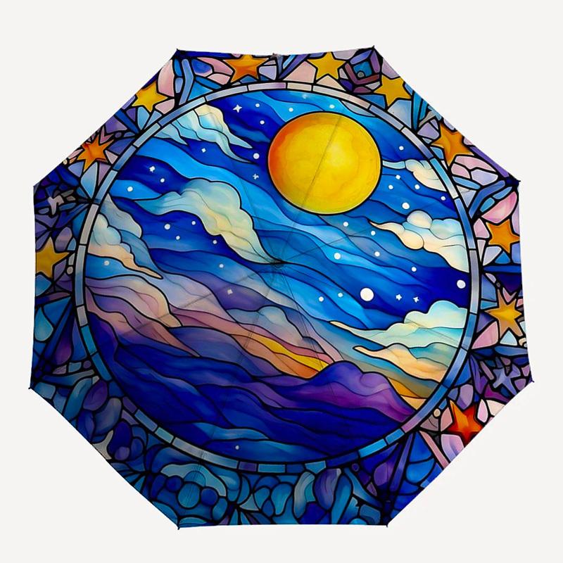 1 Stück Buntglas Nachthimmel Automatischer Faltregenschirm - Tragbares 3-fach faltbares Design mit Eisenrahmen, Perfekt für den Außenbereich, Festliche Geschenke, Reisen, Täglichen Gebrauch,