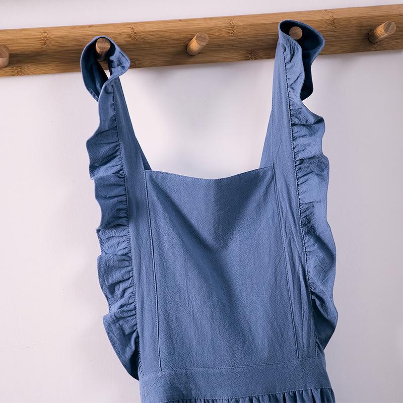 Lotus Leaf Lace Cotton Linen Apron with Printable Logo - Japanese Korean Style for Kitchen or Cafe Use