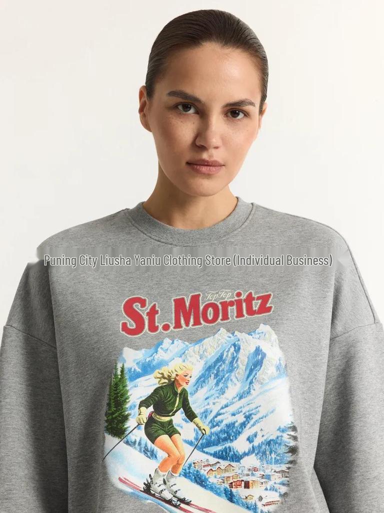 European Vintage Printed Sweatshirt - Autumn/Winter Casual Loose Fit, Round Neck.