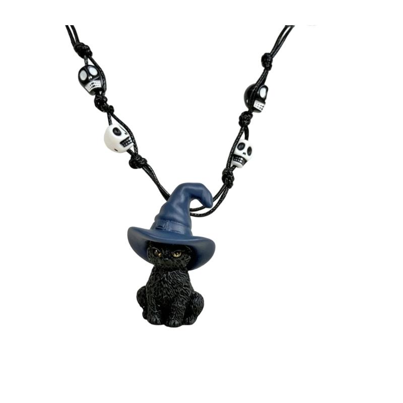 Feline Pendant Necklace with Witch Hat Charm, Lightweight Wax Cord Jewelry for Daily Wear, Party Looks, and Gift Giving