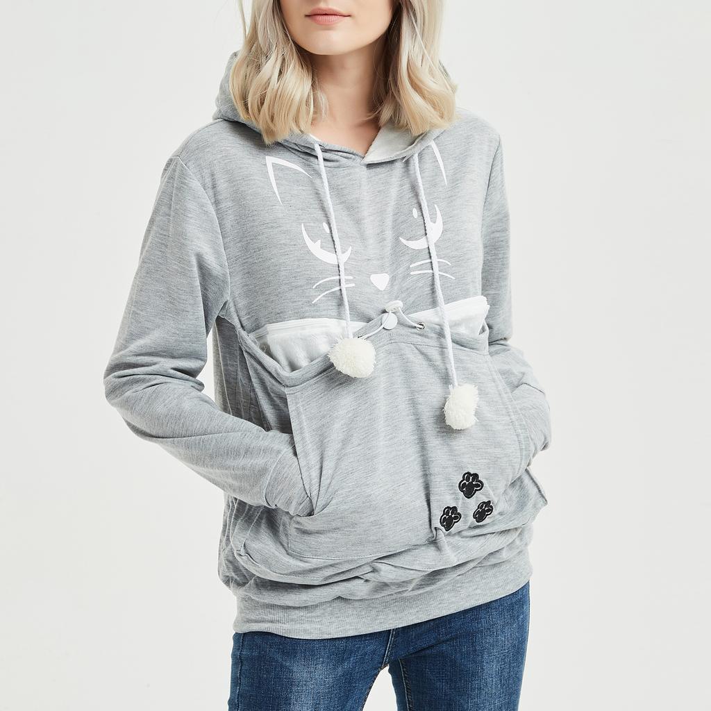 Women's Fashion Casual Top Solid Color Long Sleeve Pet Pocket Hoodie Sweatshirt
