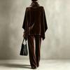 Women's Two Piece Outfit with Cowl Neck Cape Top and Wide Leg Pants, Soft Set for Fall Winter