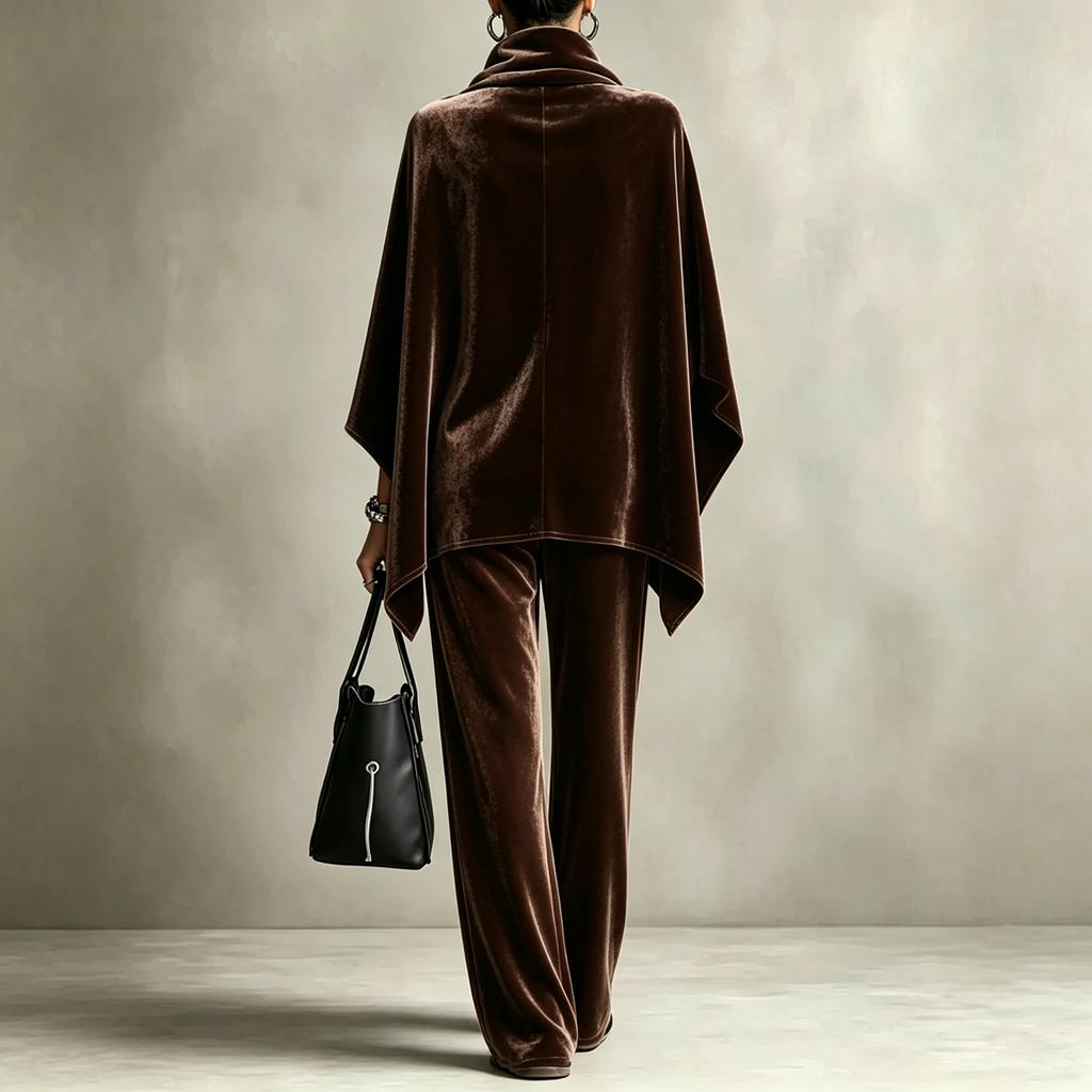 Women's Two Piece Outfit with Cowl Neck Cape Top and Wide Leg Pants, Soft Set for Fall Winter