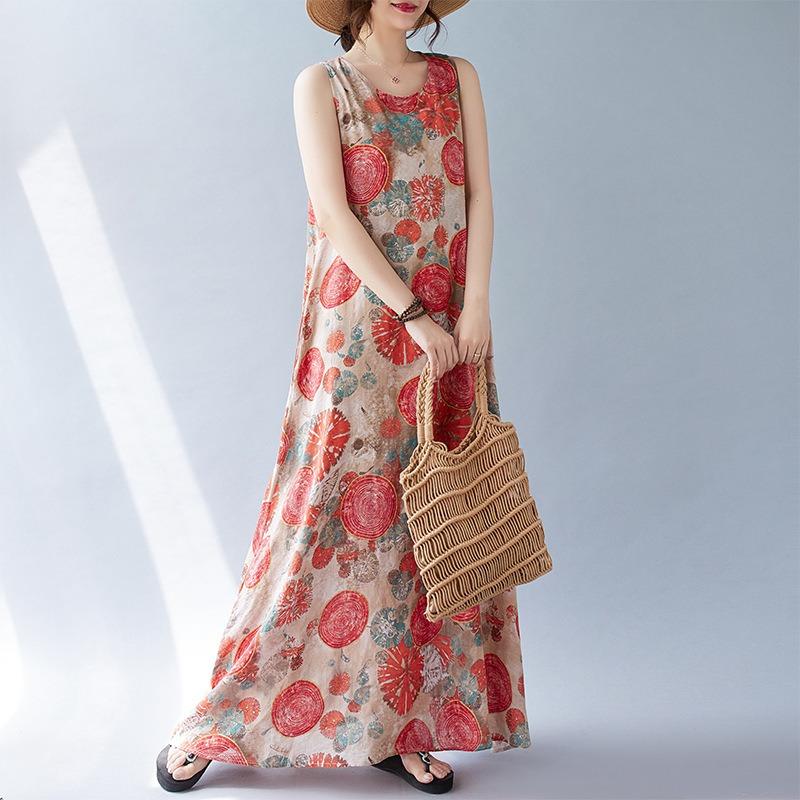 Real shot summer new bohemian literary loose sleeveless round neck printing medium and long dress women