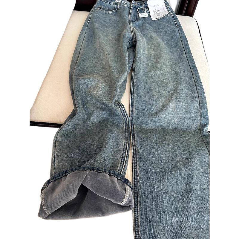 Women's Winter Retro Blue High-Waisted Slim-Fit Straight-Leg Jeans - Plus Velvet, Thickened, Wide-Leg, Large Size for Curvy Figures