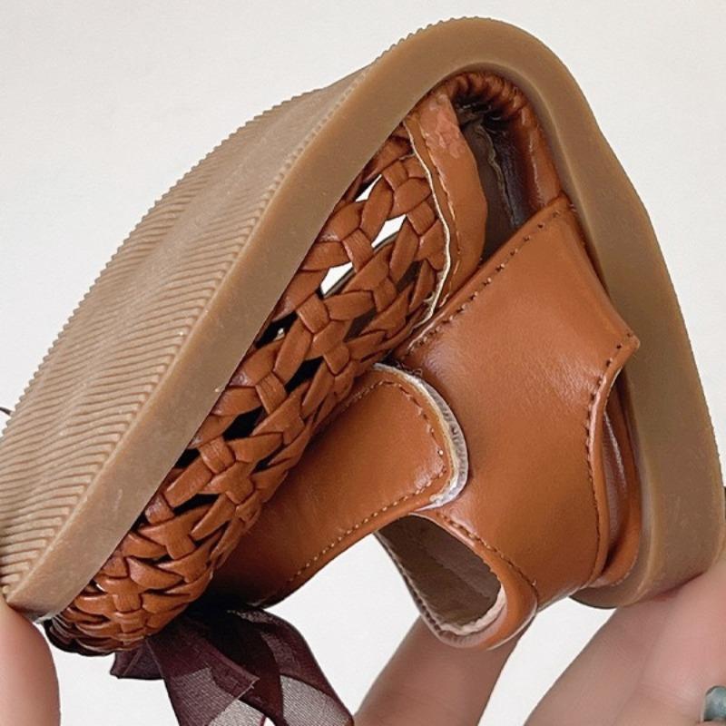 Summer Girls Closed Toe Woven Bird Nest Sandals Hollow Bow Decor Kids Beach Shoes