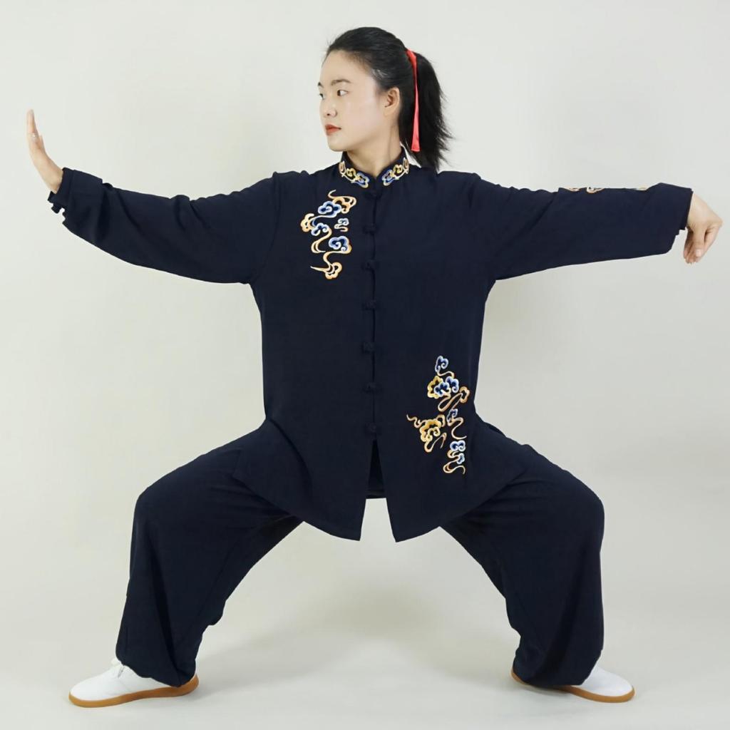 Yucheng Unisex Tai Chi Outfit - 2026 Spring/Summer/Autumn Martial Arts Attire with Auspicious Clouds Embroidery, Chinese Style.