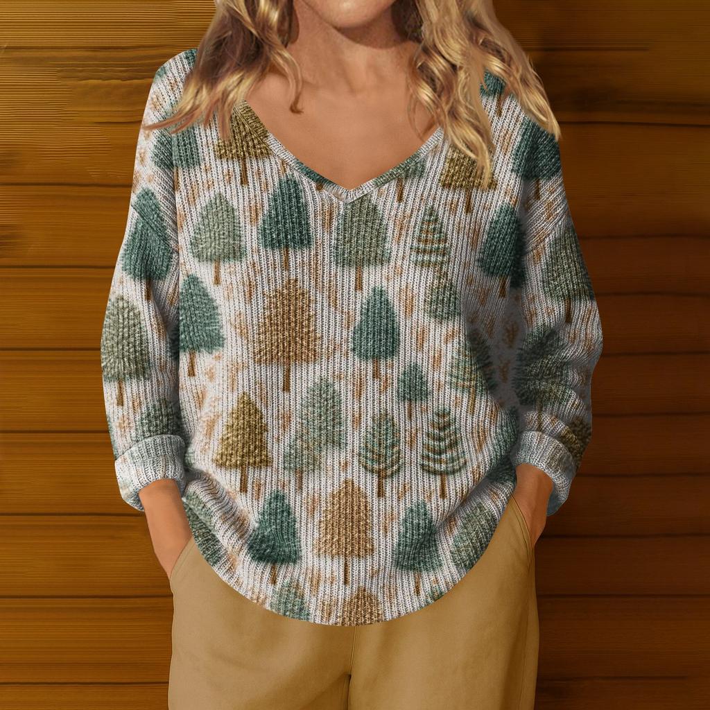Women's Casual V-Neck Long Sleeve Knitted Christmas Print Pullover