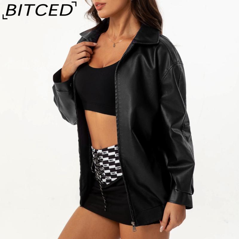 BITCED Fashionable Oversized Leather Jacket for Women Long-Sleeve Collared Spring/Fall Coat