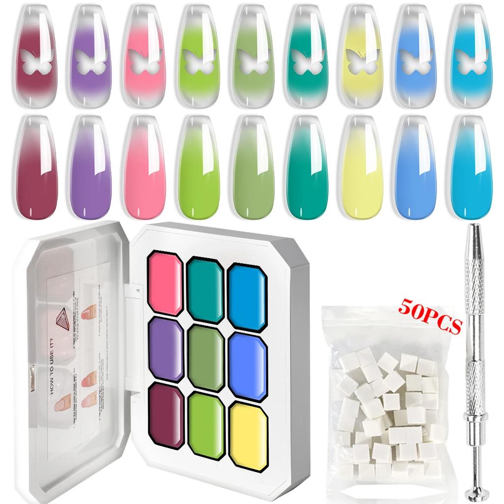 LIMEGIRL 7IN1 Gradient Painting Gel Kit 9 Grid Gradient Color Solid Nail Polish with 50pcs Sponge Nail Art DIY Color Gel Kit