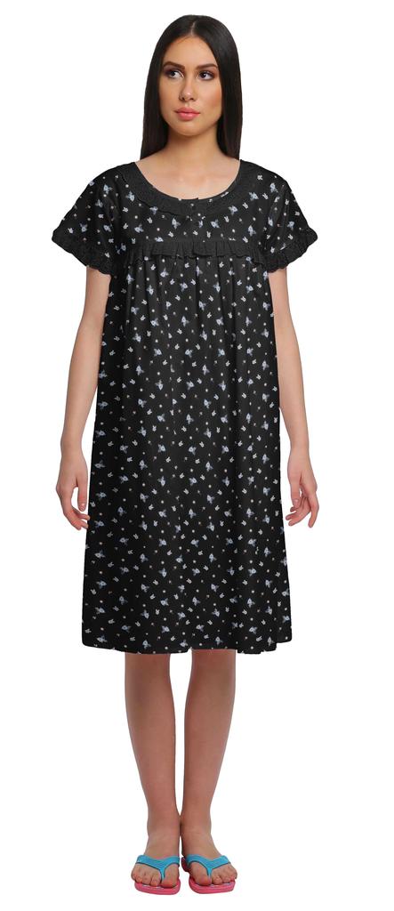 Moomaya Printed Short Sleeve Knee Length Nightdress Round Neck Sleepwear