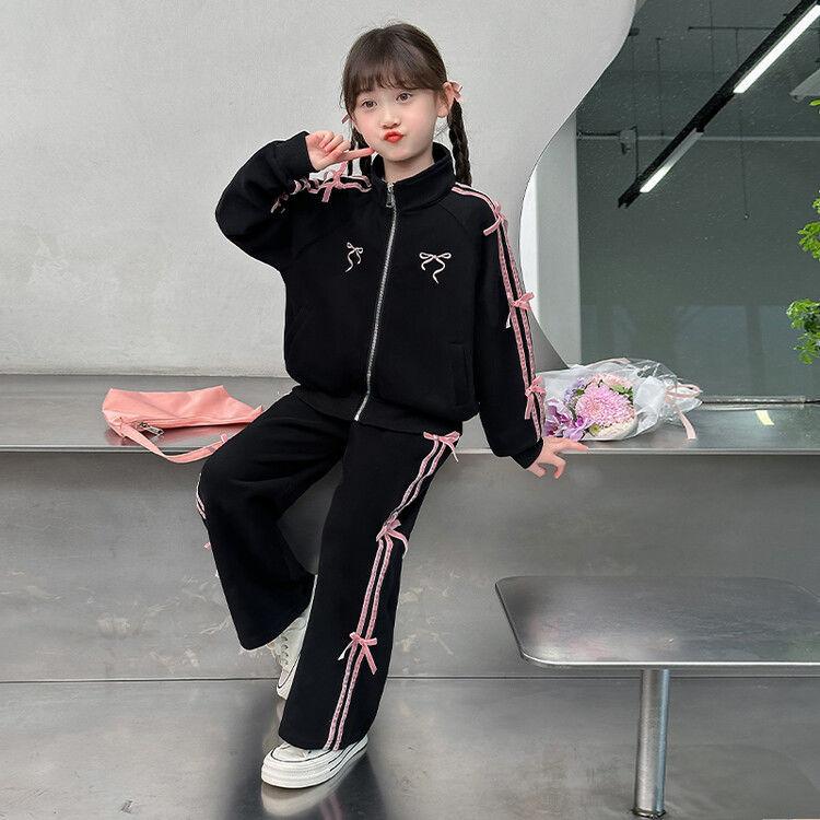 Mädchen Frühling/Herbst Sportset Lässiges Design Schleife Strickjacke + Sweatpants Niedliches Zweiteiler-Set
