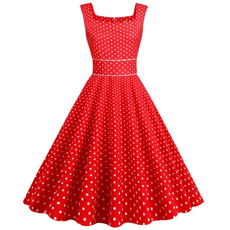 Retro Source SS Temperament Square Neck Vest Sleeveless Waist Polka Dot Swing Skirt