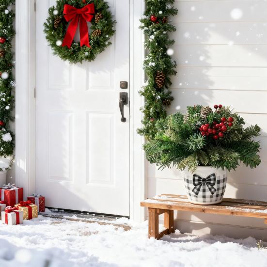 18 Inch Lighted Artificial Christmas Urn Filler Pre-lit Xmas Pine Tree with Cones Red Berries Small Christmas Tree with Tripod Stake for Porch