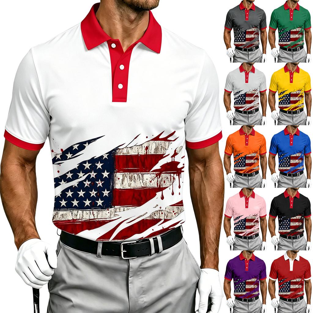 Men's Short Sleeve Polo Shirt Halloween Flag Print Casual Summer Breathable Lightweight Button Collar Top