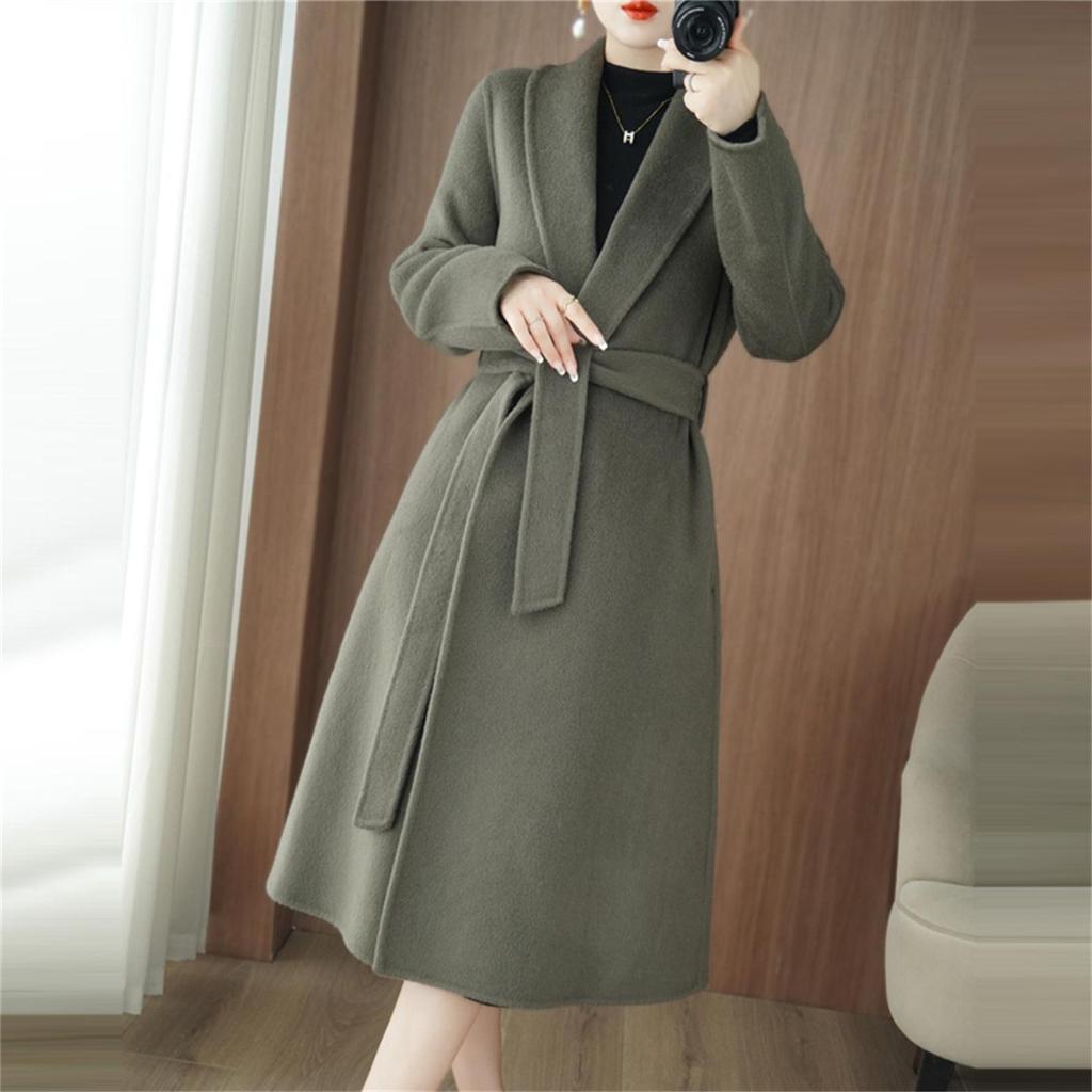 2026 Spring Autumn Double-Sided Wool Coat: Women's Slim Fit Mid-Length Suit Collar with Belt