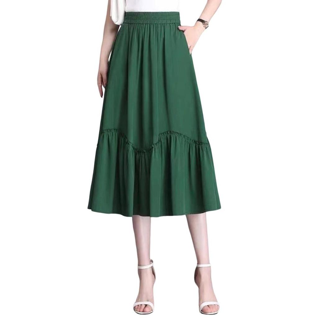 Yousheng Damen Midirock Elastischer Hoher Bund A-Linie Langer Rock mit Taschen Einfarbiger Dünner Stil Rock Schlankmachendes Design Rock