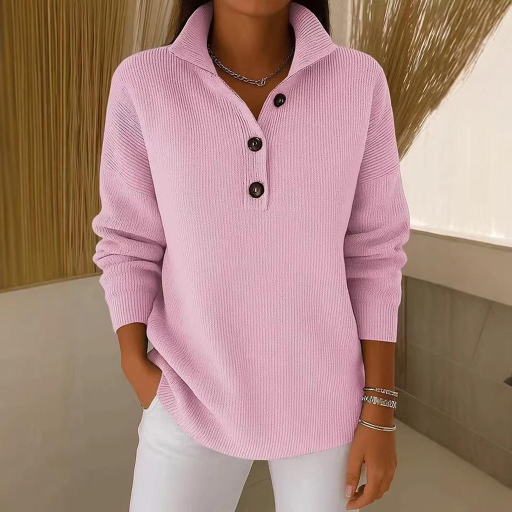 Women's Long Sleeve Pullover Sweater Button Front Knit Top with Collar Casual Lightweight Soft Fabric