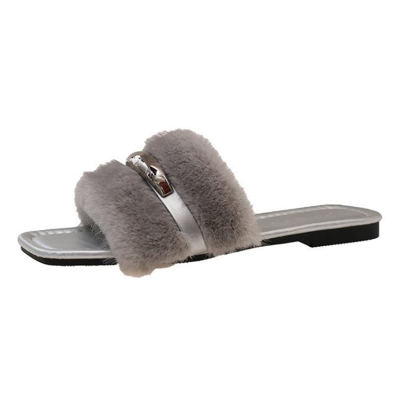 

Квадратный носок, плоская подошва, одно слово, с тапочками, женские осенние новые плюшевые тапочки, женские модные крутые тапочки 41 серебряный