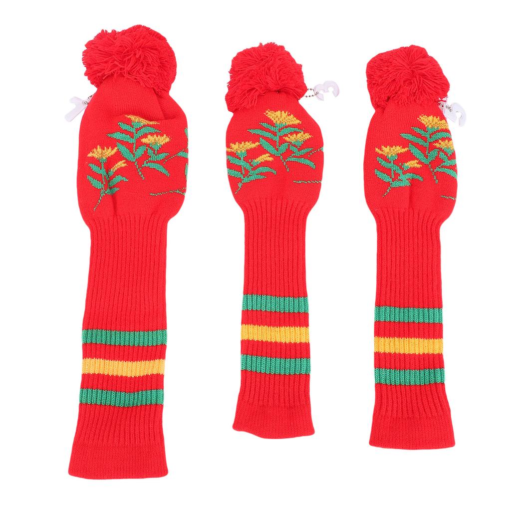 3pcs Knitted Club Head Covers Set with Long Neck Pom Pom Decoration Soft Club Head Protector Snug Fit Red