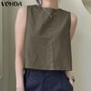 VONDA Women's Summer Round Neck Sleeveless Button Patch Solid Color Loose Vest