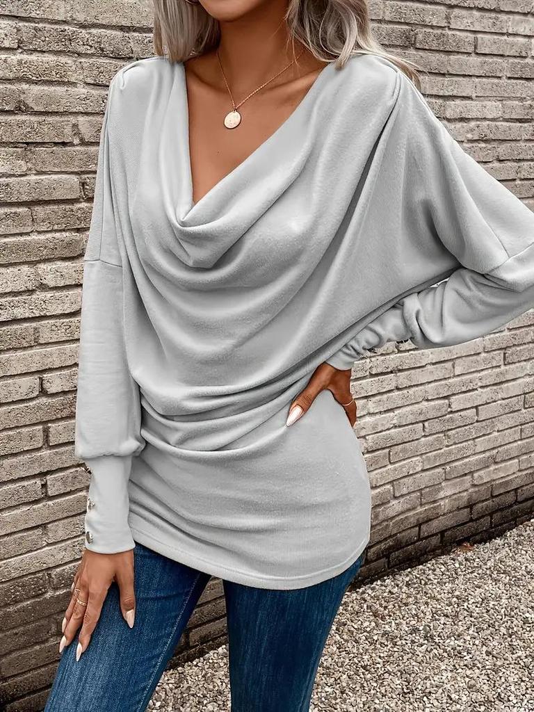 Women's Elegant V-neck Long-sleeve Solid Color T-shirt for Autumn/Winter