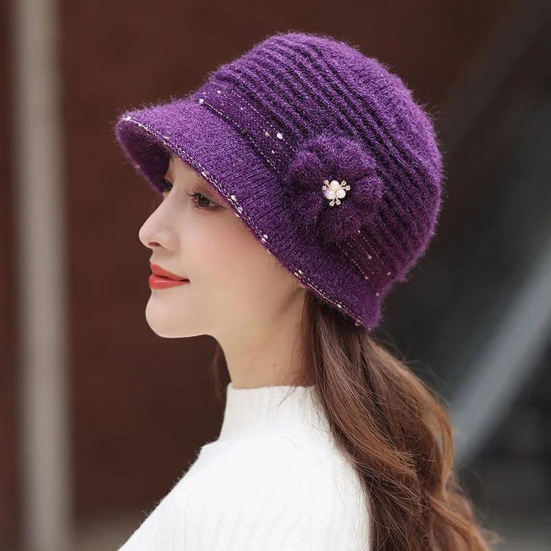 WTEMPO Soft Windproof Casual Warm Knitted Flower Hats Women's Cold-proof Autumn Winter Solid Color Large Size Woolen Hats