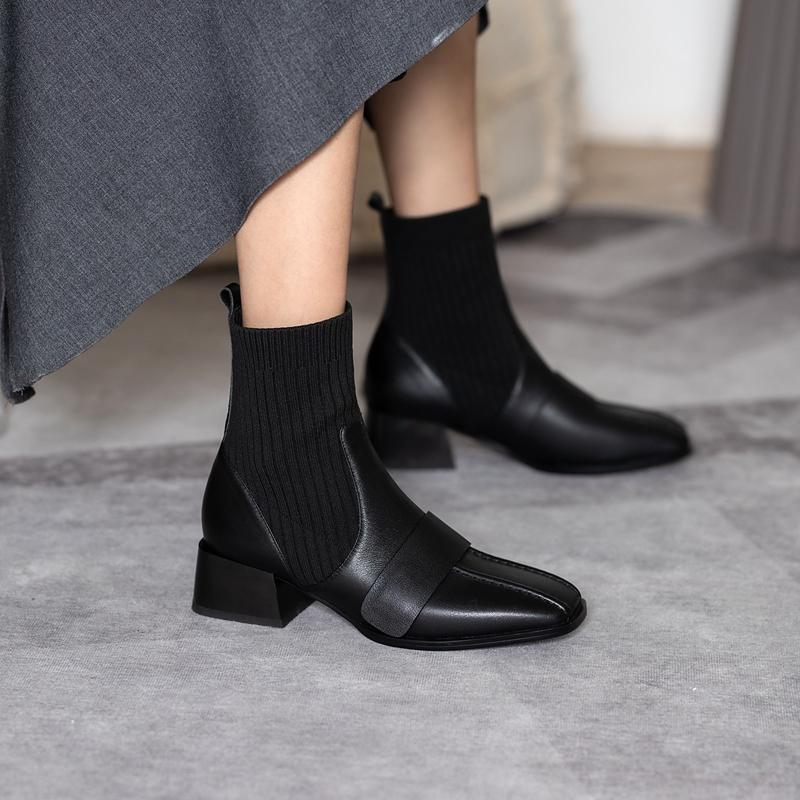2024 New Women Boots Retro Square Toe Autumn Ankle Boots Square High Heel Cow Leather Elastic Band Short Boots Women Size 34-40