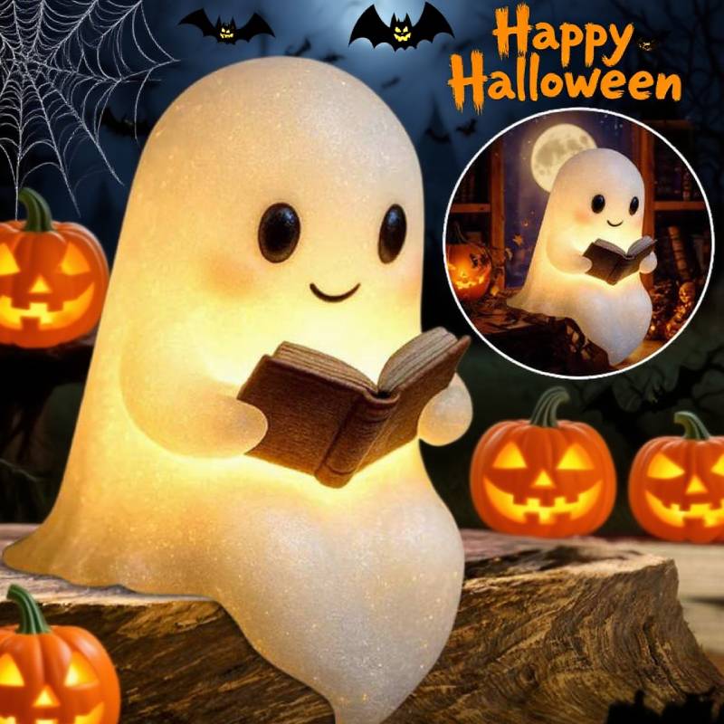 1/2/4Pcs Cute Ghost Reading Book Lamp Halloween Spooky Ghost LED 3D Night Light Home Table Light Up Resin Figurines Decoration