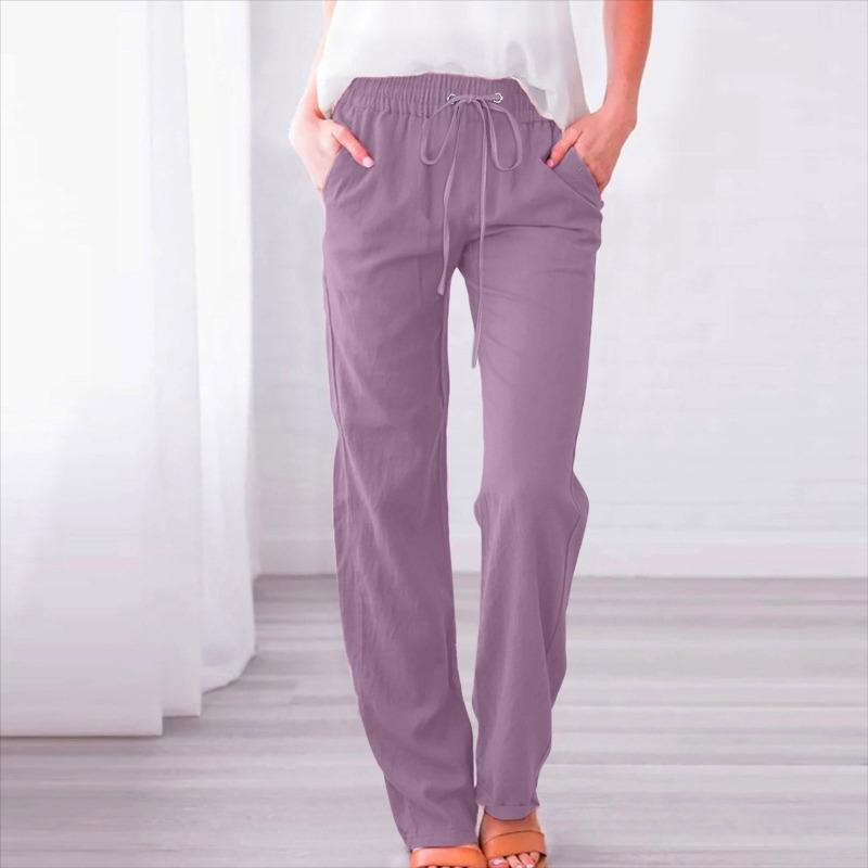 Spring Summer Women Trousers Solid Color Cotton Linen Pants Loose Casual Wide Leg Drawstring Pants