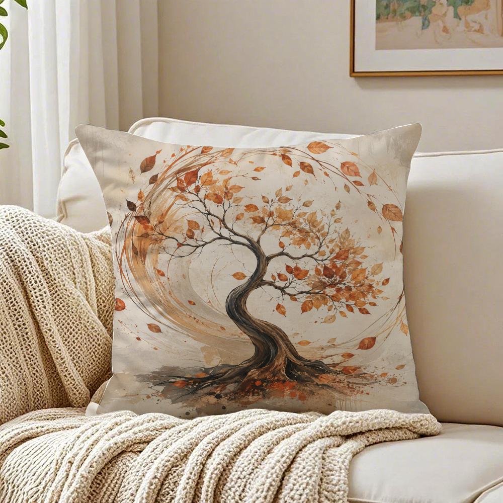 Cozy Autumn Tree And Leaves Cushion Cover Breathable Short Plush Pillow Covers Machine Washable Wrinkle-Resistant Soft Durable