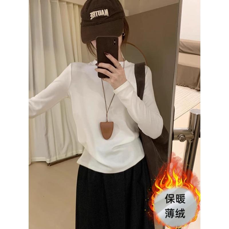 Crew Neck Basic Top Women's Spring Thickened Abraded Inner Warm Long-sleeved Bottoming Shirt White T-shirt