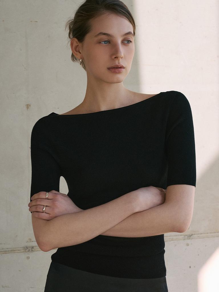 ANGELO BIANCO Whole Garment Silk Soft Boat-Neck Knit Top_2Color