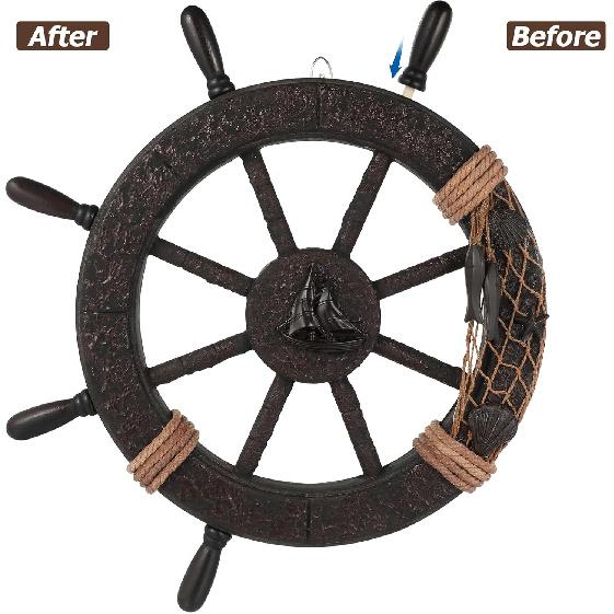 Nautical Wheel Decor Rustic Boat Steering Wheel Fishing Net Wall Sculpture Rudder Hanging Ornament Mediterranean Style Nautical Captain Rudder for