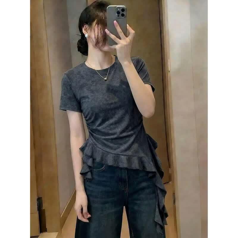 La Chapelle 2026 Summer Ruffle Slim-Fit Short Sleeve T-Shirt M