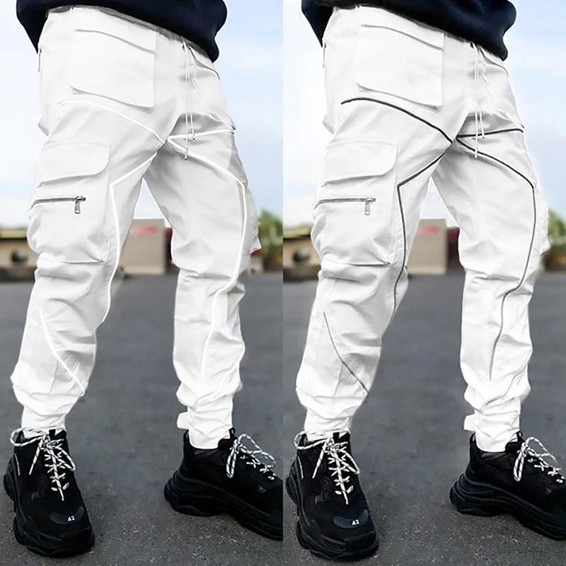 2024 Four Seasons Men's Fitness Outdoor Jogging Cotton Casual Pants Reflective Decorative Sports Pants Hip Hop Rope Overalls