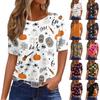Women's Casual Short Sleeve Pullover Top Halloween Pumpkin Bat Print Round Neck Lightweight Blouse for Daily Wear