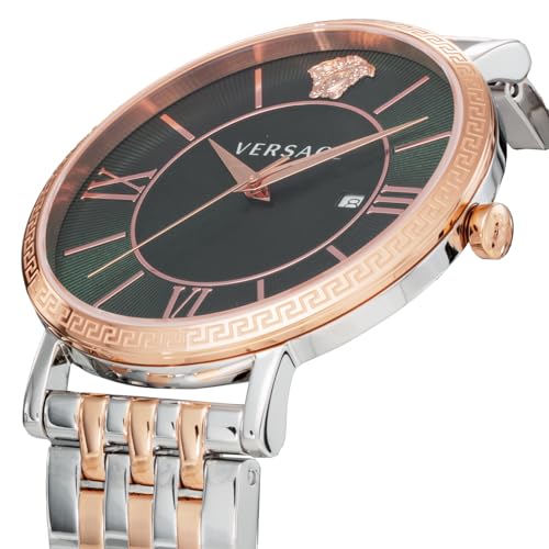 VERSACE Men's V-ETERNAL Watch (VENCA0424) with Quartz Movement, Water Resistant, Sapphire Crystal, Green Dial, and Stainless Steel